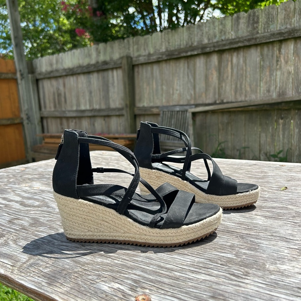 Eileen Fisher Black Espadrille Sandals with Wedge Heel